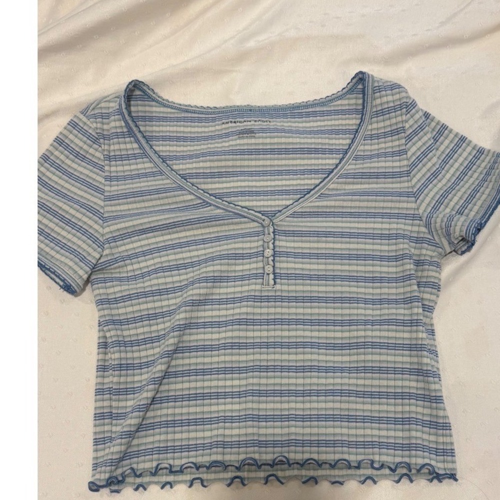 American Eagle Blue Striped Ribbed Henley Top Lettuce Trim Small